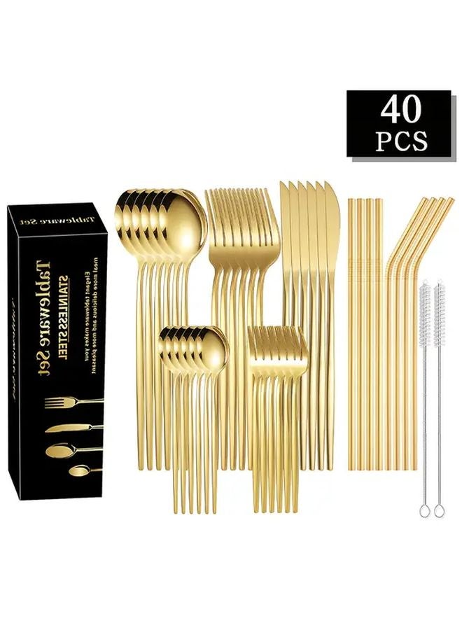 40pcs Stainless Steel Cutlery Set Golden Cutlery With 2 Cleaning Brushes - Image 1